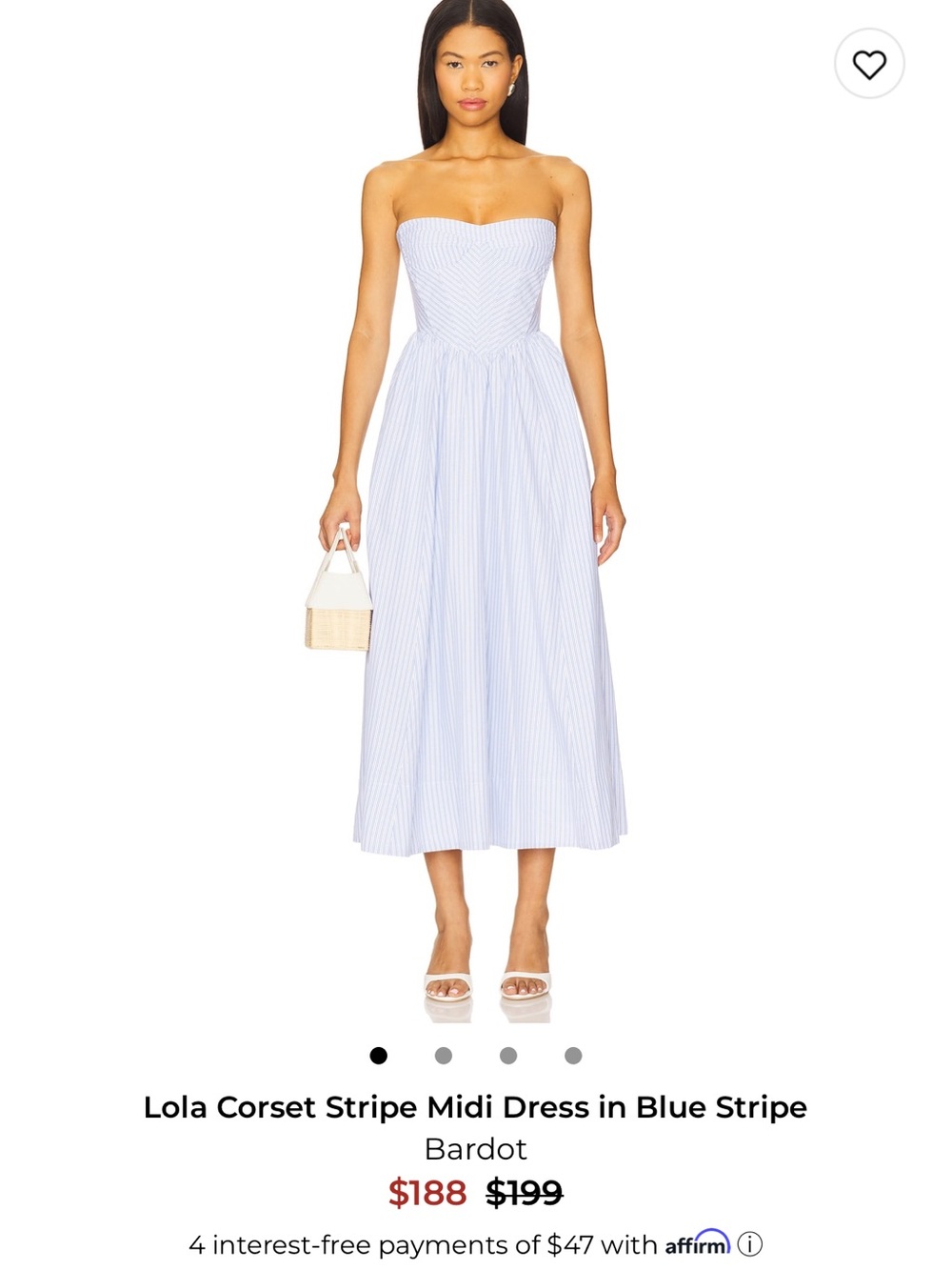 Bardot Light Blue and White Stripe Strapless Midi Dress
